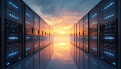 Poster - Rows of glowing server racks create digital corridor leading toward sunset reflected on water. Scene transformative power of cloud computing, infrastructure modernization. Vibrant sky, reflective