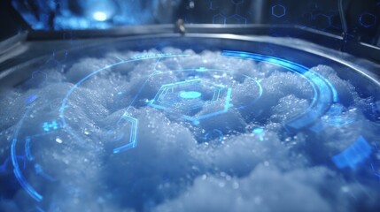 Poster - White brine bubbles and crystallizes inside a container, monitored by a futuristic heads up display, suggesting advanced scientific precision in chemical manipulation