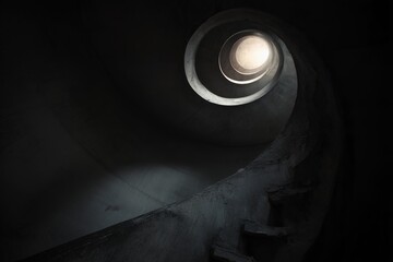 Poster - Spiraling staircase illuminated by gentle light in a dark setting creates a captivating visual experience