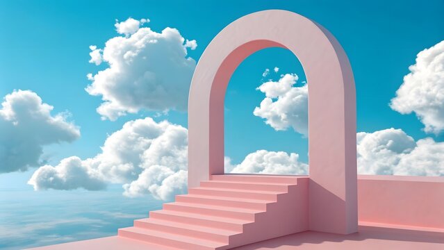 Dreamy Pink Pastel Archway with Clouds and Steps