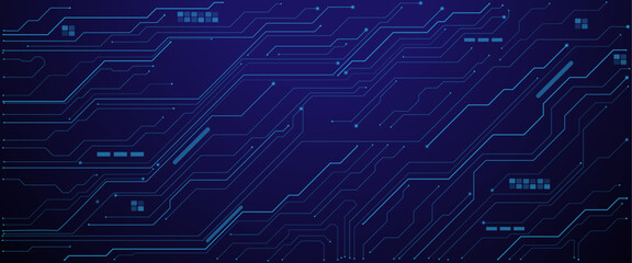 Poster - Vector futuristic blue wires on a circuit board on a dark technological background. Thin lines and dots. Glowing light blue neon AI chip with thin circuit contact lines. 