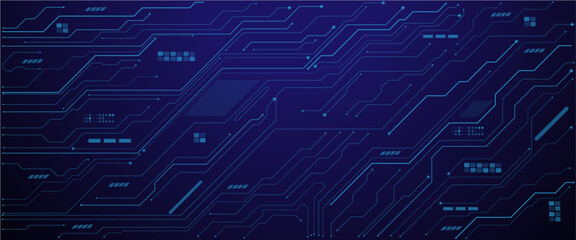 Poster - Vector futuristic blue wires on a circuit board on a dark technological background. Thin lines and dots. Glowing light blue neon AI chip with thin circuit contact lines. 