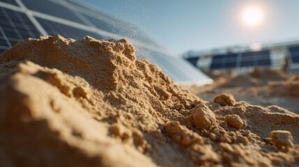 Poster - Closeup of desert sand gradually transforming into a geopolymer mix, with solar panels reflecting sunlight, illustrating sustainable energy use