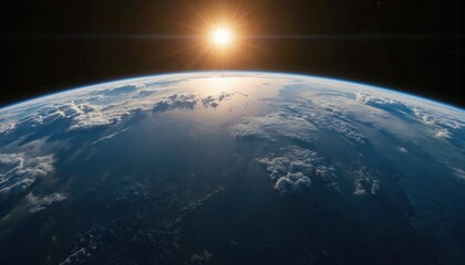 Wall Mural - Stunning view of Earth from space as sun rises, casting golden rays over clouds and oceans. Witness our planet atmosphere curving against blackness of universe. Global perspective, new day begins.