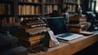© Crck - Books, laptop, & artifacts on wooden desk in library