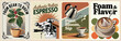 © Digital Nomad - Set of retro coffee posters featuring coffee cups, espresso machines, and pots in mid-century modern style. Perfect for vintage kitchen wall art and café decor.