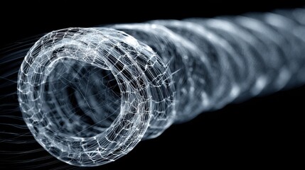 Aufkleber - Submarine cable segment displaying intricate smart gels texture, coiling and rotating slowly against stark black background, highlighting technological innovation with sleek, elegant movement