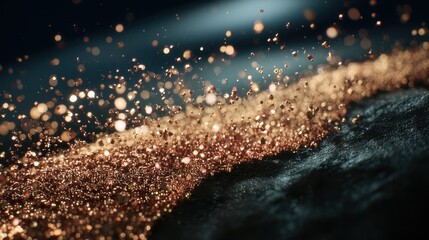 Poster - Microscopic copper particles create a captivating shimmering effect as they cling to a dark surface, illuminated by a light source, revealing their unique reflective properties