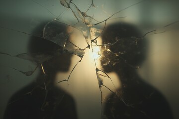 Poster - Silhouetted figures behind broken glass convey a poignant moment of connection in a dimly lit space