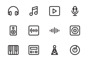 Fototapete - Collection of black music and audio icons on white background sound symbol