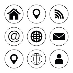 Poster - Set of nine black and white vector icons representing home location wifi email globe and user profile isolated on a white background with circular borders