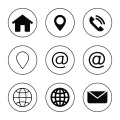 Poster - Set of simple black and white contact information icons in circles including home location phone email globe and mail for web design or business cards