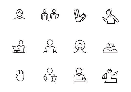 Collection of simple line art icons depicting people and abstract concepts symbol