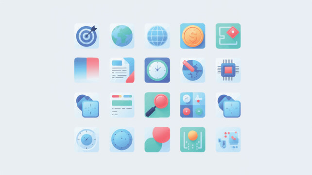 Collection of twenty flat design icons with blue and orange hues