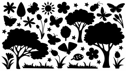 Silhouette illustration of nature elements including trees, flowers, butterflies and insects