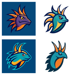 Poster - Four stylized dragon head illustrations with varying colors and background treatments displayed together