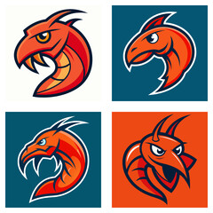 Poster - Collection of four stylized orange dragon heads with different horn and beak designs on colored backgrounds