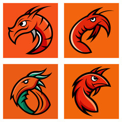 Poster - Four square illustrations of stylized red shrimp with angry expressions on an orange background