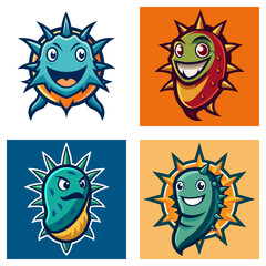 Poster - Four cartoon spiky characters with different expressions in square frames on a white background