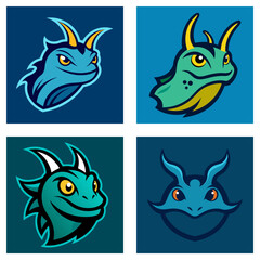 Poster - Collection of four cartoonish dragon head logos with varying colors and horn styles on square backgrounds