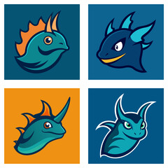 Poster - Illustration featuring four stylized cartoon dragon heads with varying colors and unique horn shapes and designs