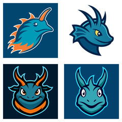 Poster - Four cartoonish mascot style images of mythical creatures with horns and aquatic features in blue tones