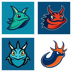 Poster - Collection of four cartoonish creature head illustrations in a square format layout style design