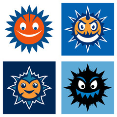 Poster - Four square illustrations depicting sun like characters with varying expressions and color schemes