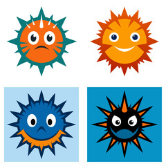 Poster - Four cartoon spiky balls with different expressions displayed in a square arrangement on white background