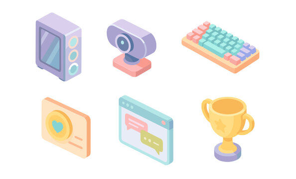 Modern isometric technology and achievement icons set