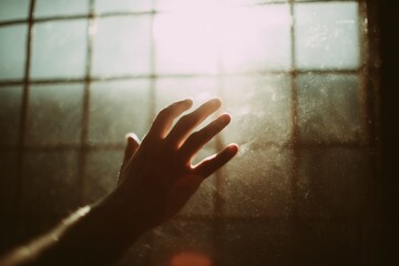 Poster - Hand reaching towards sunlight filtering through a dusty window during a quiet afternoon