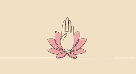 Poster - Hand gesture in lotus flower outline design on soft pastel background  
