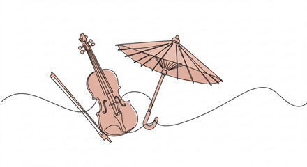 Aufkleber - Violin and umbrella in minimalist style with single line outline vector  