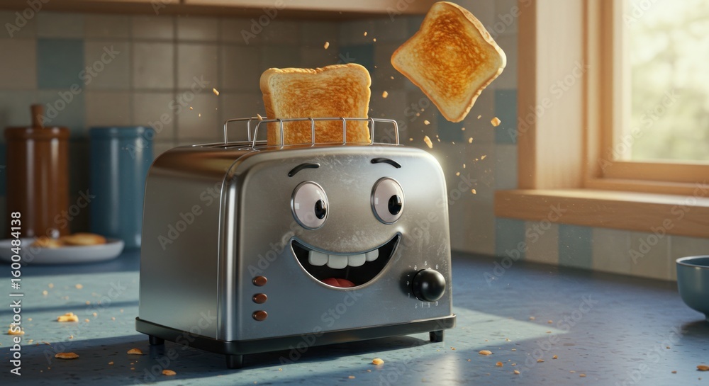Smiling Toaster A smiling, anthropomorphic toaster ejects two perfectly toasted slices ...