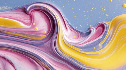 Aufkleber - Liquid colors forming wave abstract painting with yellow bubbles on light blue background