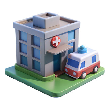 Stylized 3d cartoon hospital building with an ambulance parked outside isolated on white background