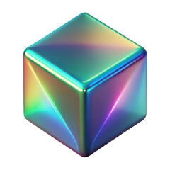 Poster - A holographic iridescent cube with sharp geometric facets reflecting rainbow colors isolated on white background