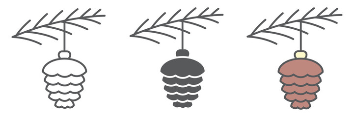 Poster - Spruce cone toy with branch icon collection, merry christmas and pine branch, christmas bauble sign vector set graphics, editable stroke linear icon, eps 10