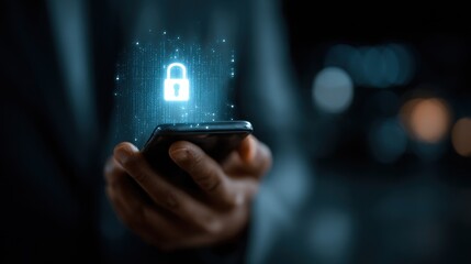 Poster - Man holds smartphone with digital lock icon for secure online transactions