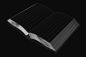 Poster - An open book on a black background features a clean white wireframe drawing of its pages. The minimalist design highlights the book's structure with precise lines.