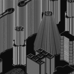 Poster - Black and white animated cityscape with towering skyscrapers in dynamic motion. Contour-style illustration gives the urban town a lively, energetic feel.