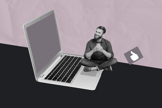 Creative full artwork collage of happy man blogger hold phone gadget freelancer thumb up reaction blogging feedback content