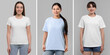 © New Africa - Women in different t-shirts against grey background. Mockup for design