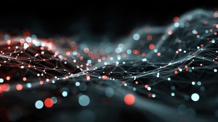 Poster - Abstract flowing fiber optics display with network connection and blue and gold particle streams