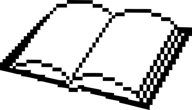 Pixel art open book symbol retro digital icon, black and white 8 bit illustration vintage technology education concept