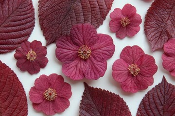 the image features a red pressed flower design set against a white backdrop