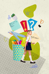 Poster - Sketch image 3d pop banner collage of happy preteen schoolgirl walk felt pen cup carry rucksack supplies sticker eraser ruler