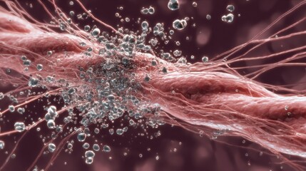 Poster - Microscopic particles dynamically colliding, adhering to metallic stent surface, forming intricate molecular bonds within vibrant biomedical scientific visualization