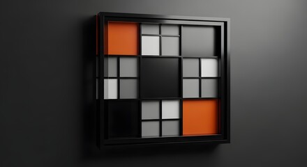 Aufkleber - A framed square grid with black gray white and orange squares on a dark gray wall surface art piece