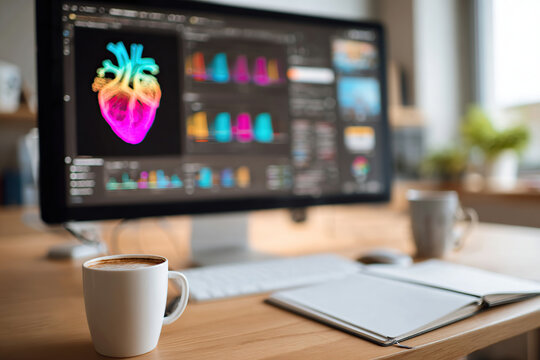 Colorful digital heart model displayed on a computer screen in a modern workspace
